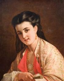 Young woman with a fan - Alexandre Antigna