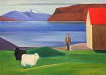 Icelandic Landscape with Sheep, Man and Red Roof - Louisa Matthiasdottir