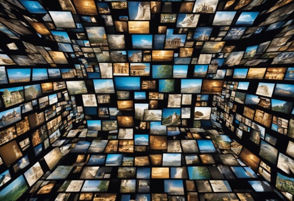 A digital collage of numerous screens displaying historical landmarks, landscapes, and artistic imagery, arranged in a three-dimensional immersive space.