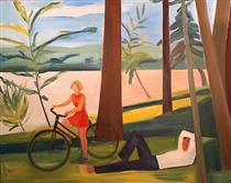 Maine, Girl with Bicycle and Recumbent Man - Louisa Matthiasdottir