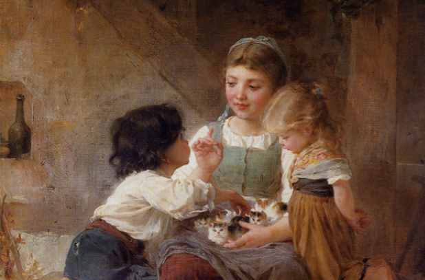 "A Happy Family" by Émile Munier, showing children joyfully playing with kittens