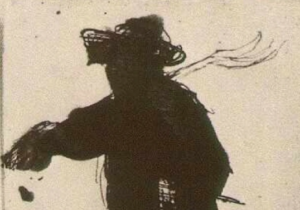 "Silhouette of a Man with a Rake" by Vincent van Gogh – abstract dark figure.